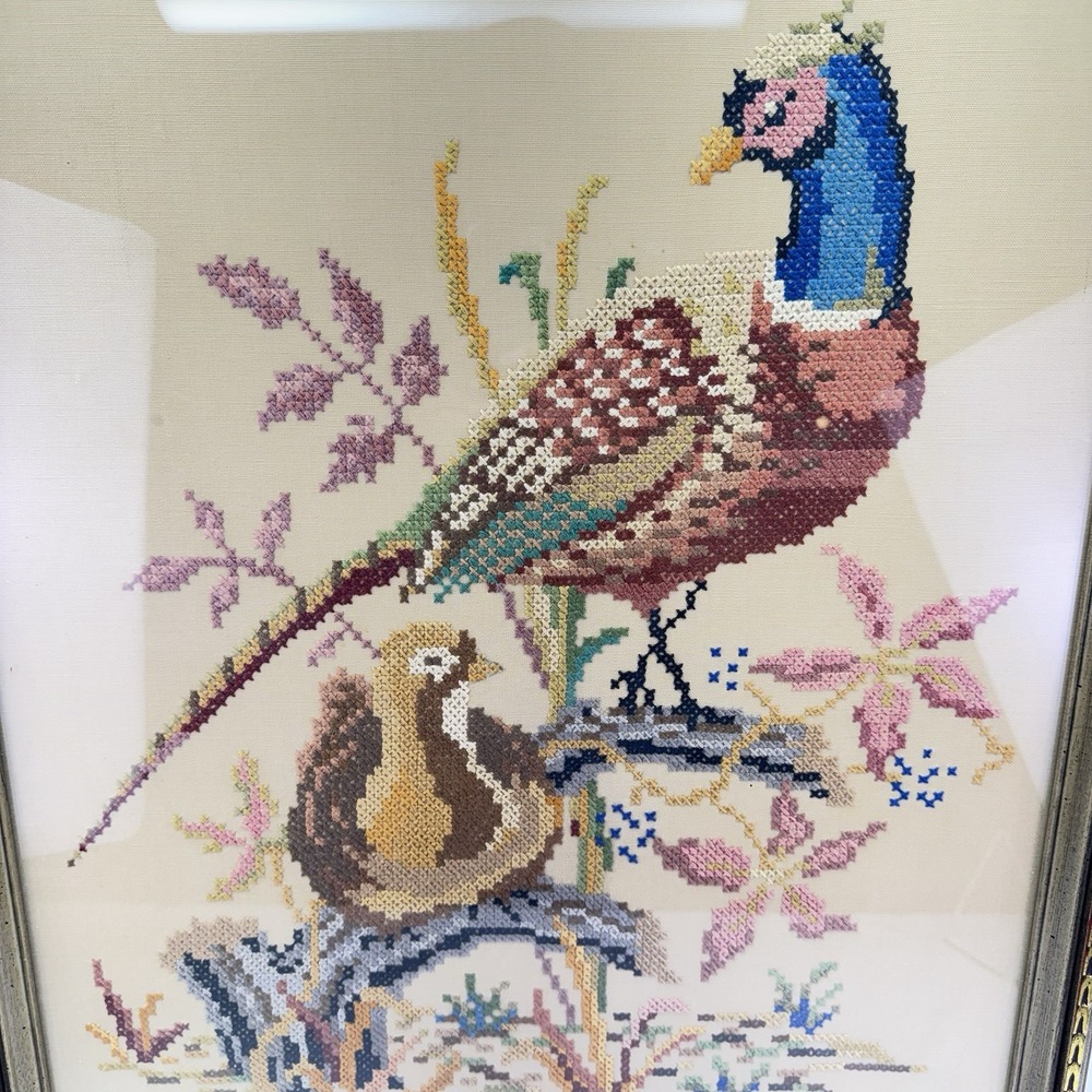 Vintage Framed Pheasant Cross Stitch Signed 1942 McCalls Pheasant Couple 24 x 20 - Picture 4 of 8